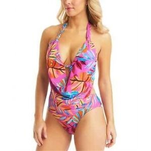 NWOT Bar III S Hot Pink Tropical Cowlneck 1 PC Swimsuit 128199